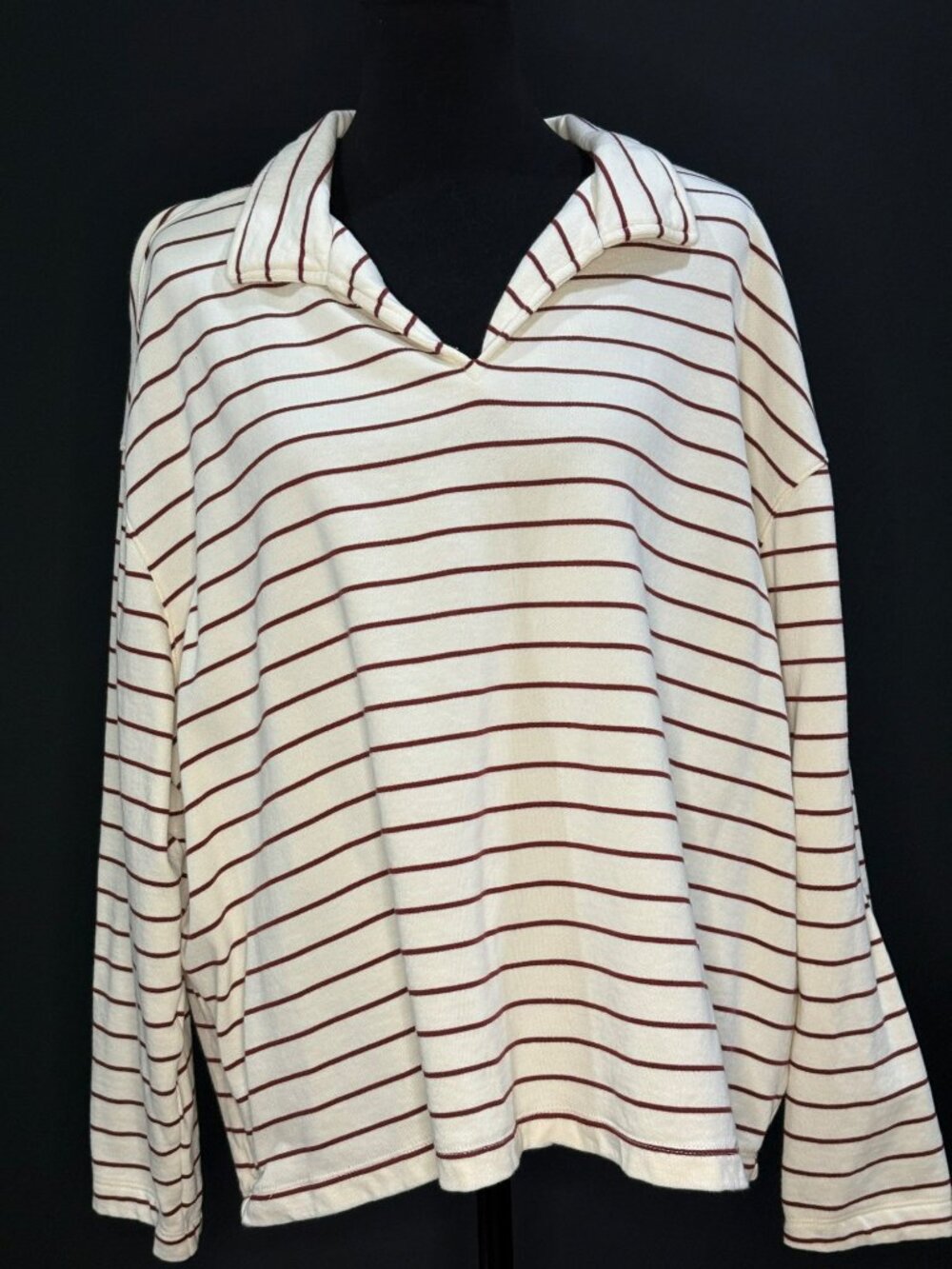 Duluth Trading Co. XXL Cream & Burgundy Striped French Terry Pullover Top